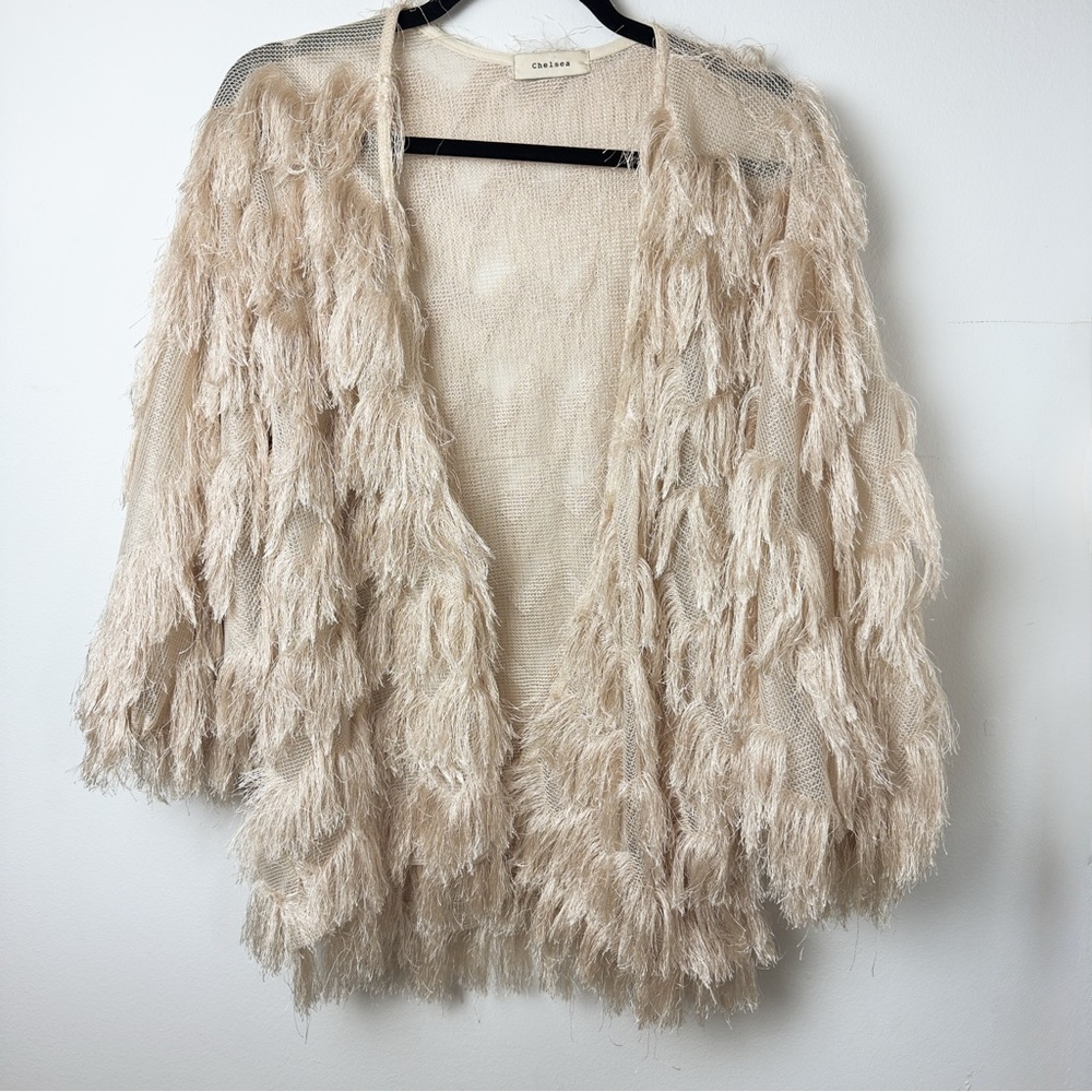 Chelsea Shaggy Cream Fringe Open Shrug Jacket Champagne